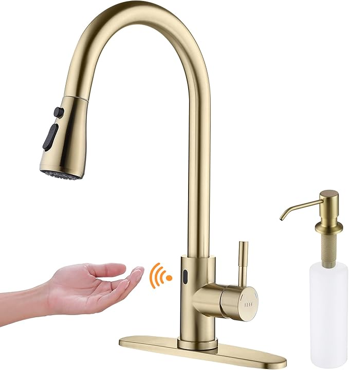 Touchless Faucet with Pull Down Sprayer, Motion Sensor & Soap Dispenser - Single High Arc Pull Out Faucet for Kitchen Sink, RV, Gold