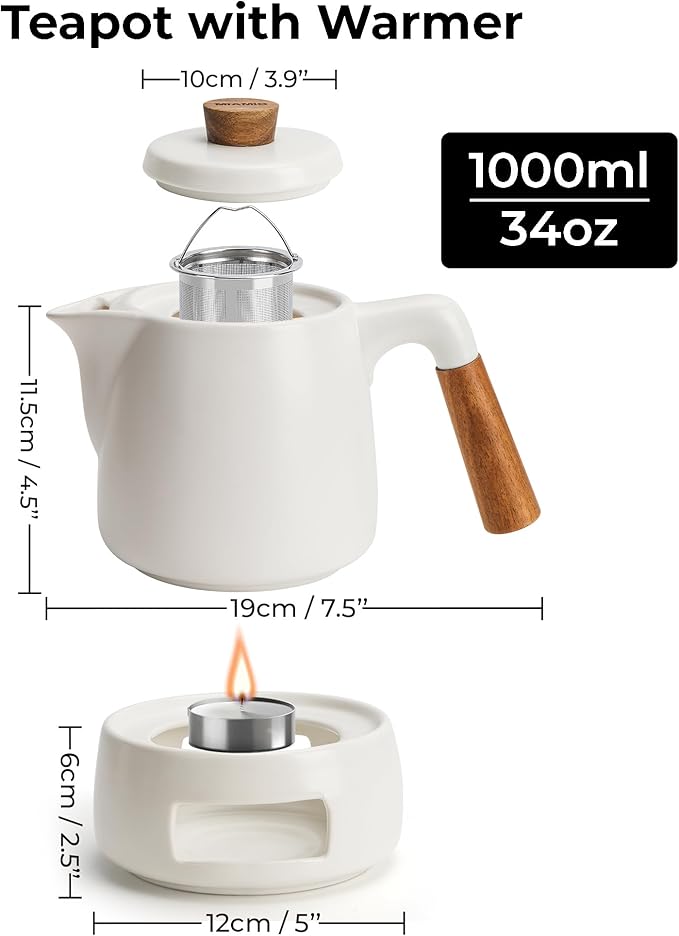 MIAMIO - Teapot Set with Warmer / 34 oz Tea Kettle with Infuser for Steeping Loose Tea Leaves - Gift for Women/Tea Lovers (White)