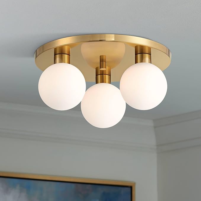Possini Euro Design Katalin 12 1/4" Modern Semi Flush-Mount Ceiling Light Fixture Kitchen Foyer Hallway Round 3-Light LED Dimmable Gold Finish White Glass Metal Bedroom Bathroom Entryway Living Room