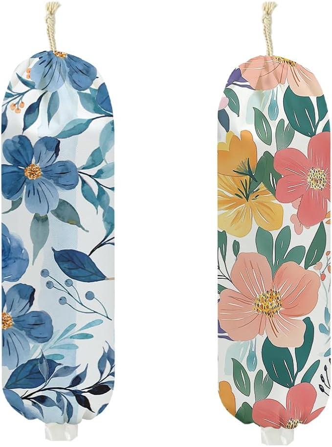 2Pcs Flower Plastic Bag Holder, Wall Mount Grocery Bag Holder for Plastic Bags, Colorful Floral Reusable Grocery Bags Storage Dispenser for Home Kitchen Decor, Flower Gifts for Women Mom, 22.5x9 Inch