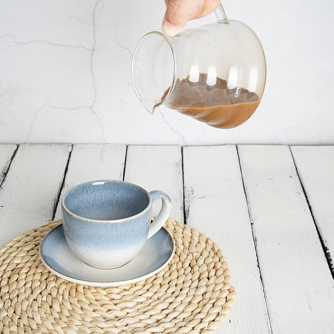 Bosmarlin Ceramic Cappuccino Cup and Saucer Set of 2, 10 Oz, Dishwasher and Microwave Safe, Coffee Cups for Latte, Espresso, Tea, Reavtive Glaze (Blue)
