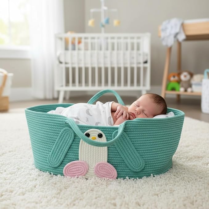 Foldable Woven Basket with Handles, All-in-One Cotton Rope Storage Box for Baby Bassinet, Household Items, Shopping, and Pet Comfort 27.56 × 15.75in