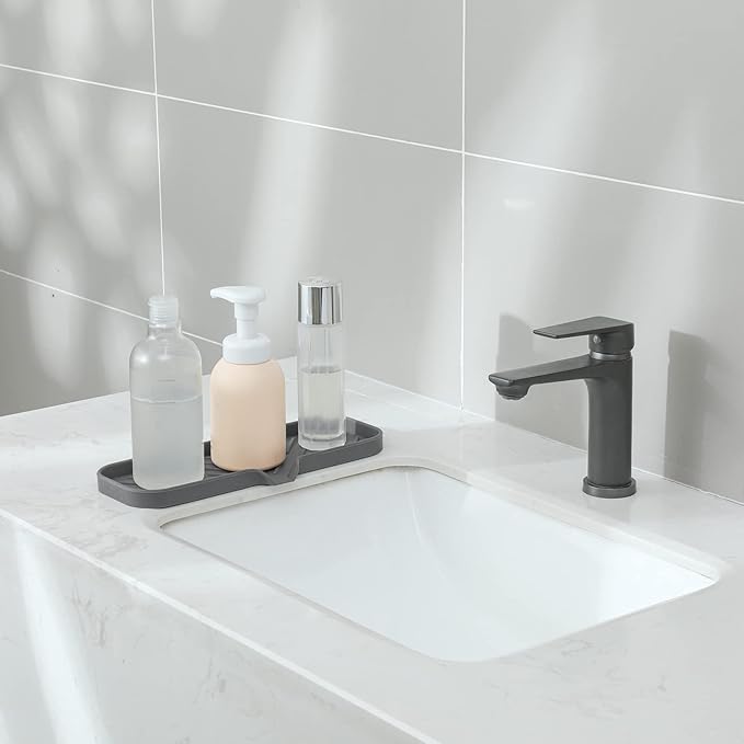 Silicone Bathroom Soap Dishes with Drain Spout-Bathroom and Kitchen Sink Organizer,Sponge Holder,Dish Soap Tray,Perfect for Dispenser,Scrubber,Bottle,Cup on Sink or Counter-Grey 12"×4"