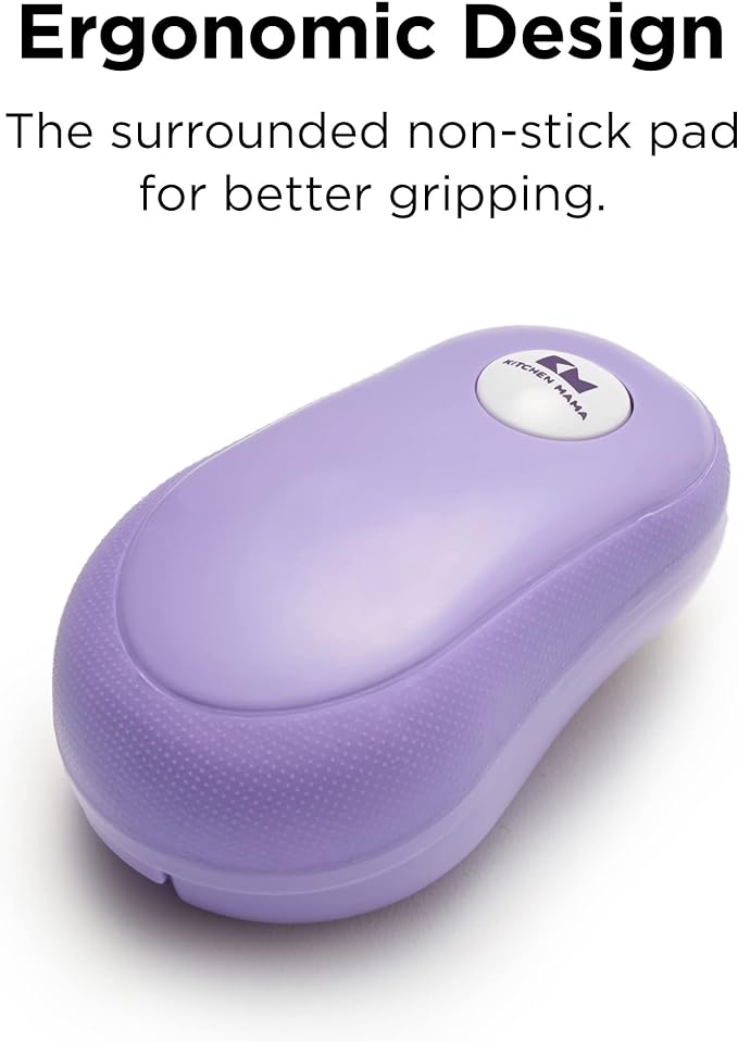 Kitchen Mama One Touch Electric Can Opener: Open with Simple Press of A Button - Auto Stop As Task Completes, Ergonomic, Smooth Edge, Food-Safe, Battery Operated (Purple)