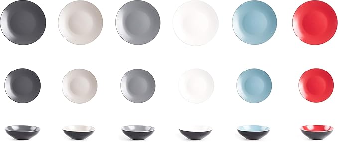 Colors Life 18pc Dinner Set，Very Cool - 6 Assorted Colors Cool Beige, Cool Grey, Light Grey, Frost Red,Turquoise and White