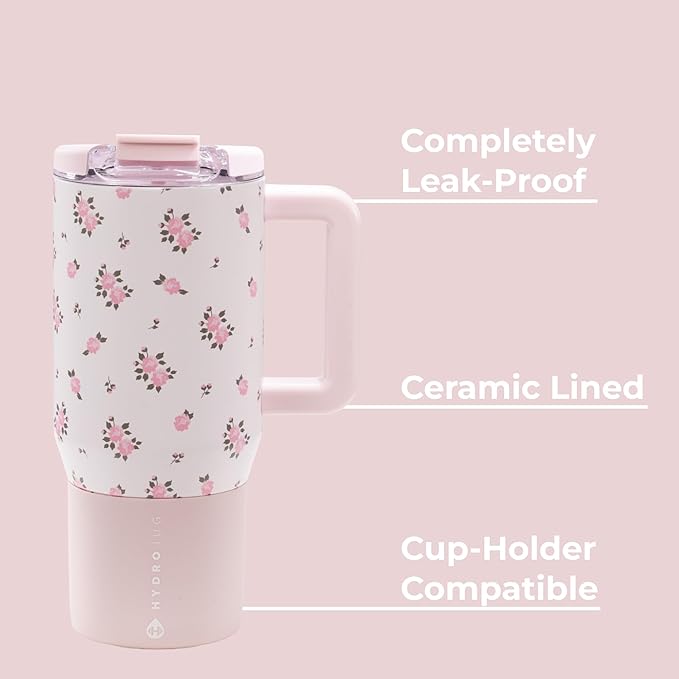 HydroJug Coffee Traveler 20 oz - Leak-Resistant, Ceramic-Lined Insulated Travel Coffee Mug for Hot or Cold Drinks with Flip Lid & Handle, Dishwasher Safe Coffee Tumbler, Wildrose