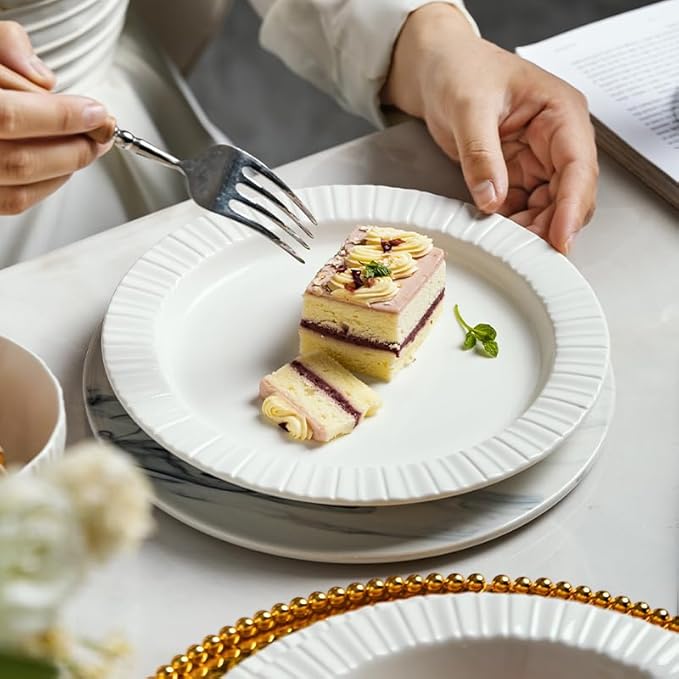 24-Piece White Ceramic Dinnerware Set - Rhine Series, Service for 6, Includes Bowls, Flat & Deep Plates, Microwave & Dishwasher Safe