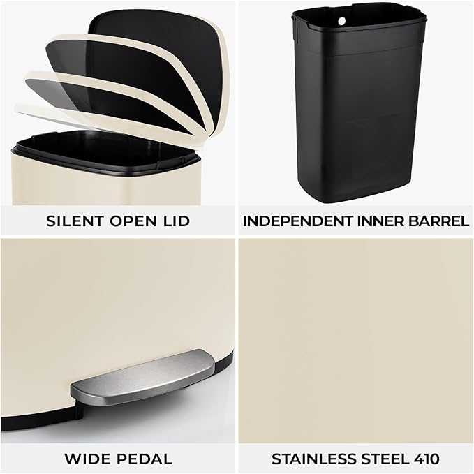 8 Gal Kitchen Trash Can, 30L Recycling or Garbage Bin, Brushed Stainless Steel Waste Basket, Soft&Quiet Close Dustbin, with Step-On Pedal, Removable Inner Bucket, for Home, Office, Living Room