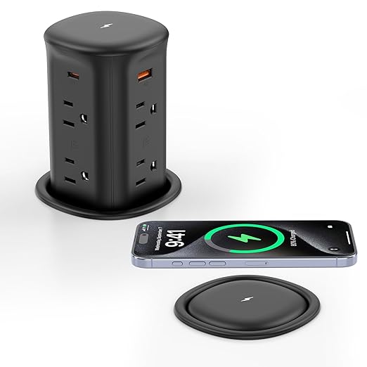 VILONG Pop Up Outlet with 15W Wireless Charger,4 USB Ports，8 Outlets,Space-Saving Concealed Design,Pop Up Countertop Receptacle for Conference Table,Kitchen Countertop (ETL Listed)