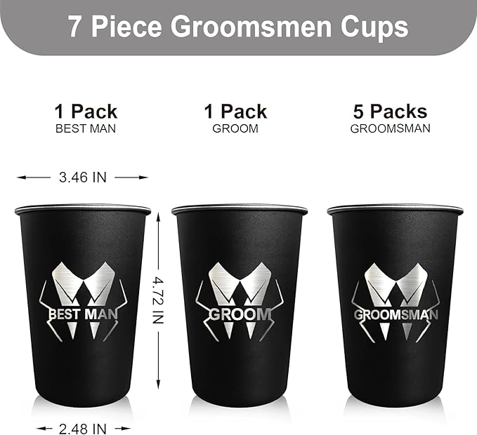 PartyGifts&beyond Groomsmen Gifts 7Pcs Groom Cups 16 Oz Groom Squad Cups for Bachelor Party Favors Stainless Steel Groomsmen Tumbler(LJ-Bold)