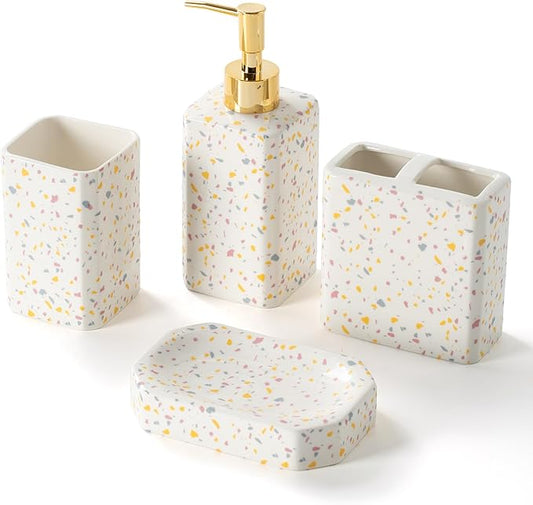 4 Piece Bathroom Accessories Set - Modern Terrazzo Pattern Includes Lotion Dispenser, Toothbrush Holder Tumbler, and Soap Dish - Glossy Finish