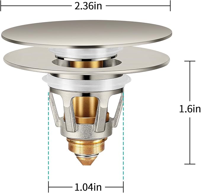 Universal Bathroom Sink Stopper with Hair Catcher, for 1.04-1.97 Inch Drain Hole, Spring Core Bathtub Drain Cover, Pop Up Sink Plug Basin Drain Strainer, Large Lid Brushed Nickel