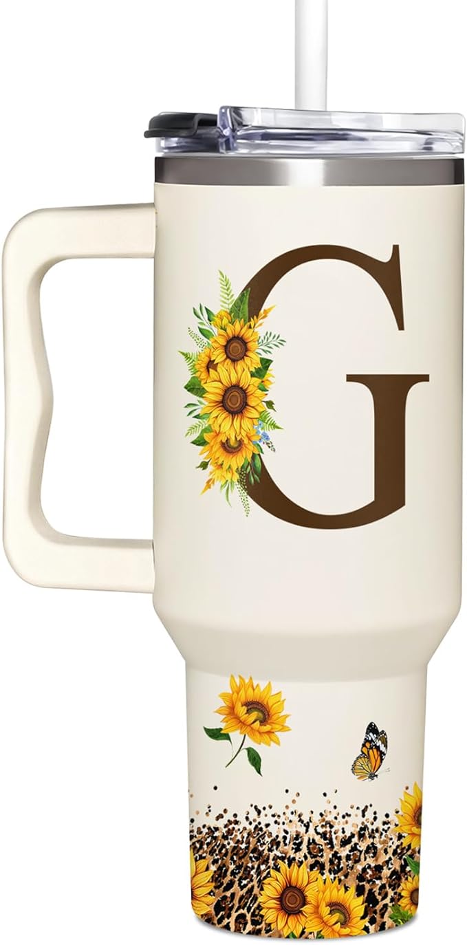 Personalized Birthday Gifts For Women - Sunflowers Monogrammed Cup For Boss Day, Christmas - Customized Gifts For Women, Mom, Wife, Coworkers, Boss Lady, Her - Custom Tumbler With Handle 40oz