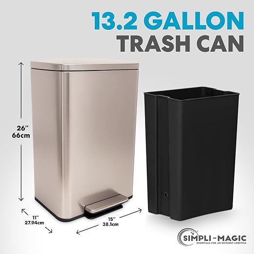 SIMPLI-Magic 13.2 Gallon (50L) Step Trash Can – Kitchen Garbage Can with Slow-Close Lid – Odor Control, Hands-Free, Easy to Clean, Brushed Stainless Steel (Rose Gold)