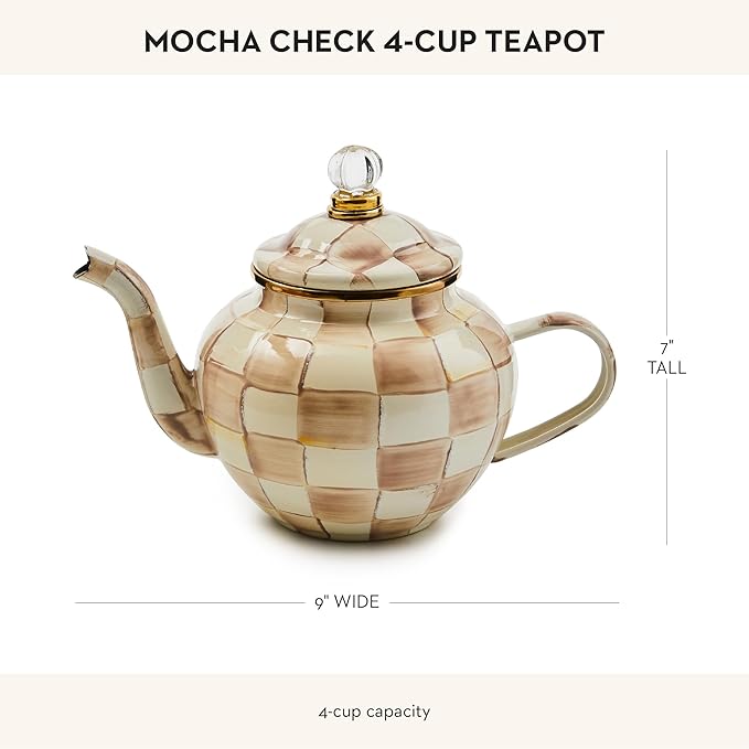 MACKENZIE-CHILDS Enamel Teapot, Cute Small Teapot with Lid, 4-Cup Capacity, Brown-and-White Mocha Check