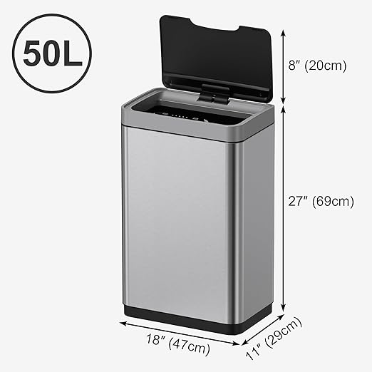 Mbillion Automatic Trash Can - 15 Gallon Motion Sensor Stainless Steel Smart Trash Can with Lid - Rectangular Touchless Garbage Can for Kitchen, Bedroom, Home Office - Silver