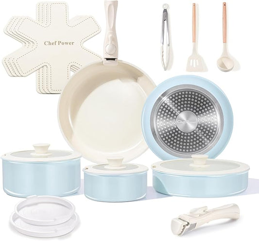 Chef Power Ceramic Nonstick Pots and Pans Set 19 Piece with Detachable Handle, Induction Dishwasher Oven Safe Cookware Set, RV Kitchen Set Removable Handle (Light Blue)