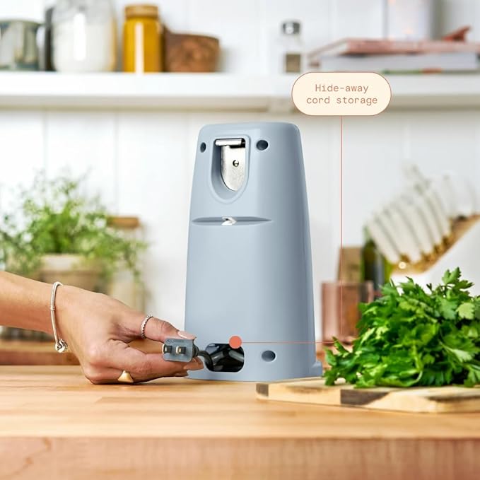 Beautiful Electric Can Opener with Auto-Turn, Magnetic Lid Holder, Knife Sharpener, Bottle Opener, Removable Lever, Cord Storage, No-Tilt Base, Stainless Steel Blade, 70W (Cornflower Blue)