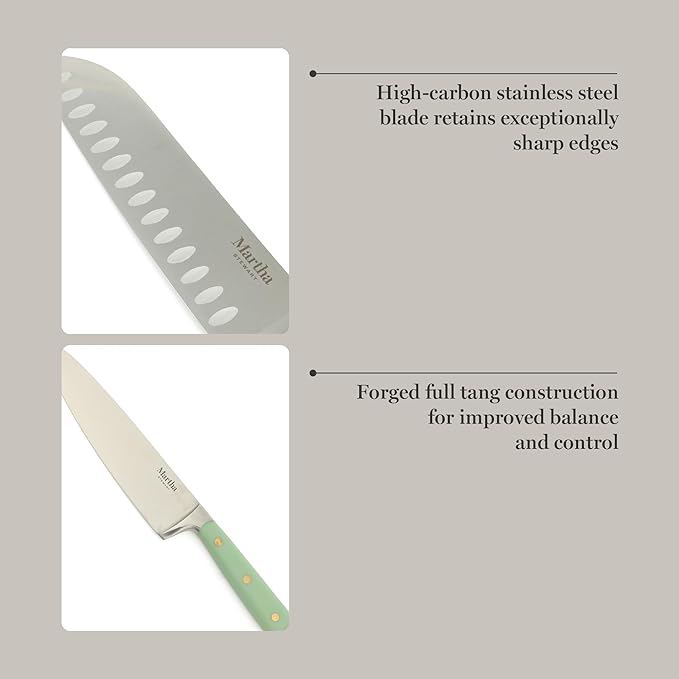 Martha Stewart 16 Piece Lockton High Carbon Stainless Steel Cutlery Kitchen Knife Block Set W/ABS Tripe Riveted Forged Handle Acacia Wood Block - Sage Green W/Gold