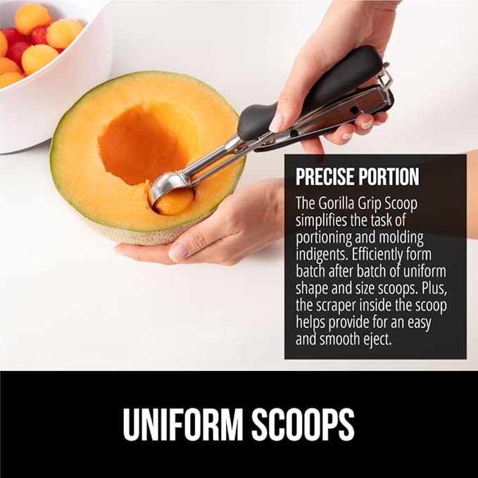 GORILLA GRIP BPA-Free Stainless Steel Cookie Scoop, 1 TBSP Scooper #60, Soft Grip Handle, Easy Food Release, Create Even Portion Sizes, Multipurpose Kitchen Melon Baller, Meatball Spring Scoops, Black