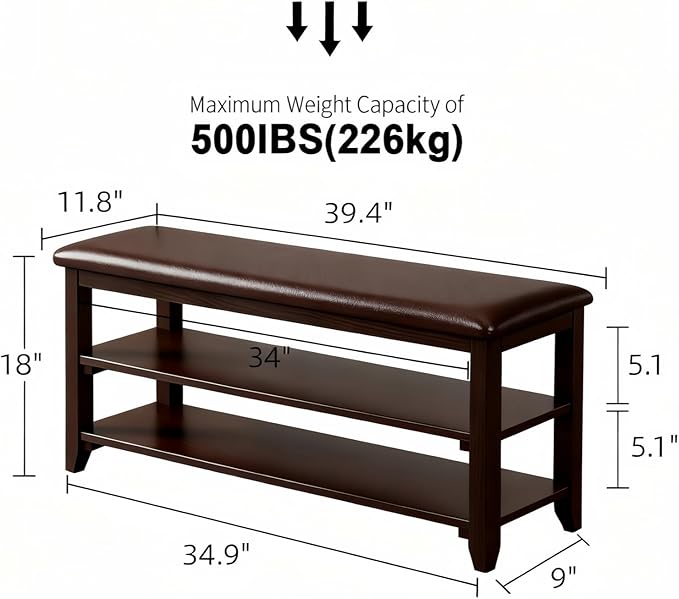 Shoe Bench Storage with Leather Cushion, Rustic Solid Wood Entryway Bench with 2 Height-Adjustable and Removable Shelves for Hallway, Living Room, Mudrooms (Dark Brown,39.4")