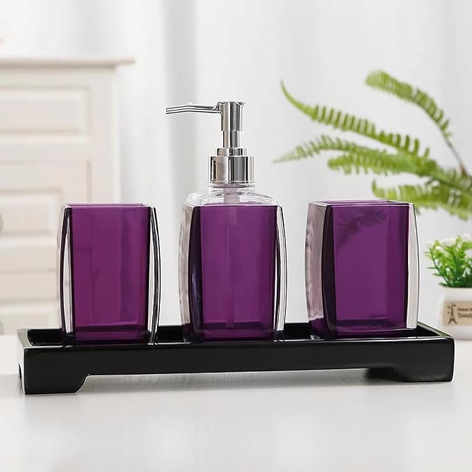 5 Pcs Purple Acrylic Bathroom Accessories Set Complete,Lotion/Soap Dispenser,Soap Dish,Toothbrush Holder, Tumbler,Toilet Brush and Holder,Modern Bathroom Decor and Housewarming Gift Set,Purple