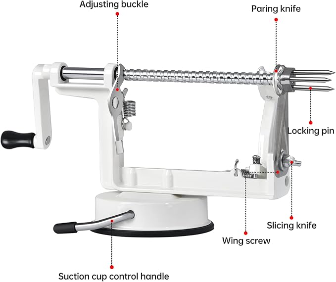 Apple Peeler Corer, Long lasting Chrome Cast Magnesium Alloy Apple Peeler Slicer Corer with Stainless Steel Blades and Powerful Suction Base for Apples and Potatoes(White)