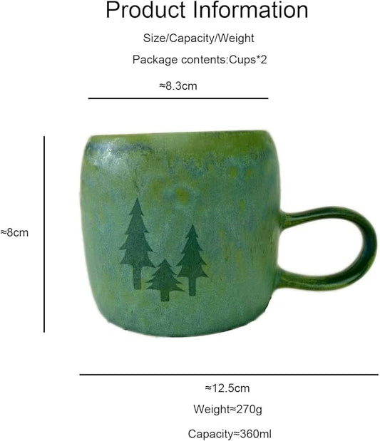 Medium Ceramic Coffee Mug Set of 2, 12 Oz, Stoneware Tea Cup for Office and Home, Dishwasher and Microwave Safe (Forest Green with Three Laser-engraved trees, 2) (Art Deco)