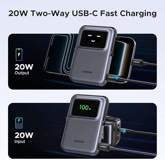 UGREEN Uno 10000mAh Magnetic Portable Charger, Qi 7.5W Wireless Power Bank, PD 20W USB C Battery Pack with Foldable Stand and TFT Display MagSafe Compatible iPhone 17/16 /15/14/13/12 Series, Black