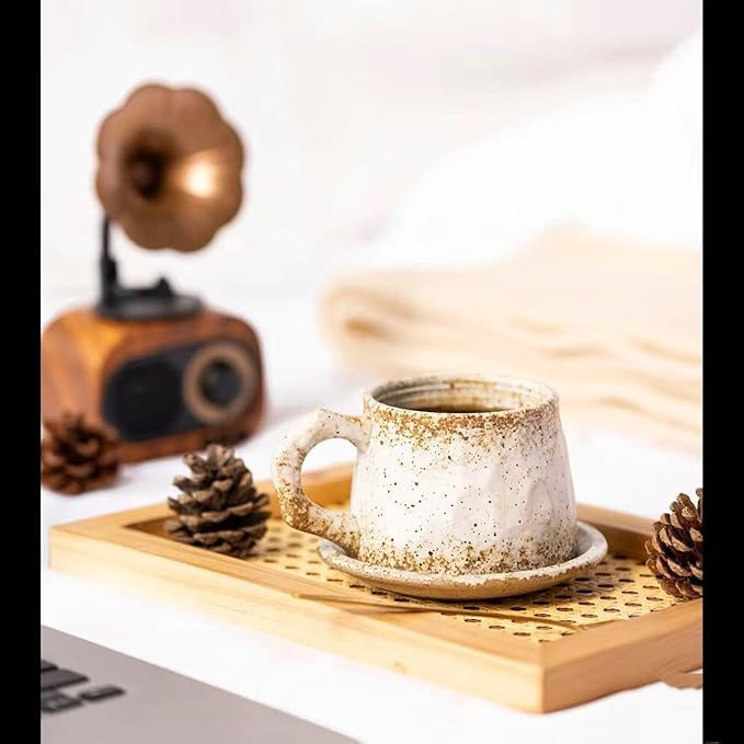 10oz Unique Vintage Retro Handmade Ceramic Cappuccino Barista Cup with Saucer –Rustic Stoneware Coffee Mug, Lead-Free Latte Art Mug，Handmade ceramic cappuccino cups or tea cup (biege)