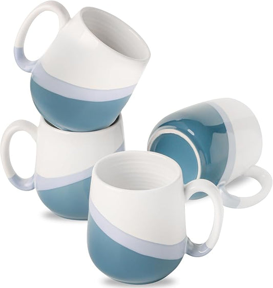 Coffee Mugs Set of 4,Ceramic 15 OZ Coffee Cups with Big Handle,Large Tea Cups for Hot Beverages,Yogurt, Cappuccino,Latte,Gift for Mom and Dad,Dishwasher Safe&Microwave Safe,White & Blue