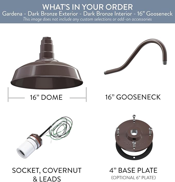 Steel Lighting Co. | Dusk to Dawn | Gardena Barn Light | Outdoor Wall Mounted | 16" Dome | 16" Gooseneck | Farmhouse Light Made in America | Dark Bronze/Dark Bronze