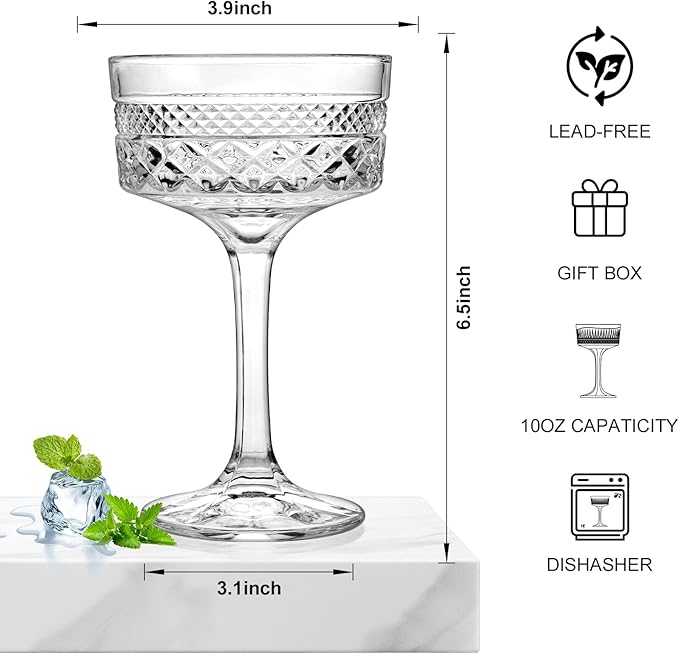 4Pcs Coupe Glasses, 10oz Vintage Martini Glasses Set, Lead-free Crystal Coupe Cocktail Glass, Martini Glassware for Espresso, Champagne, Cosmopolitan, Manhattan