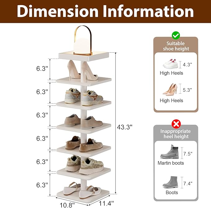Narrow Shoe Rack for Entryway - Wood Narrow Shoe Rack with Compact Design for Small Space, 6-Tier Shoe Organizer for Entryway Hallway Bedroom Closet