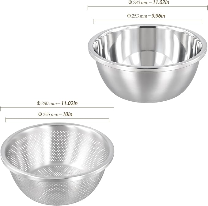 4 PCS 5QT Stainless Steel Colander Set with Mixing Bowls, Multi-Use Kitchen Strainer for Washing Vegetables Fruits Rice, Dishwasher Safe