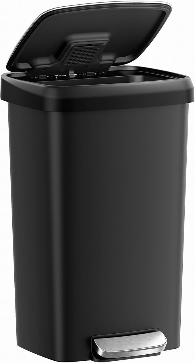SONGMICS Plastic Kitchen Trash Can, 12-Gallon (45 L) Garbage Can with Stainless Steel Lid, Soft Close, Pedal Waste Bin with Wheels and Rear Handle, Ink Black ULTB533B01