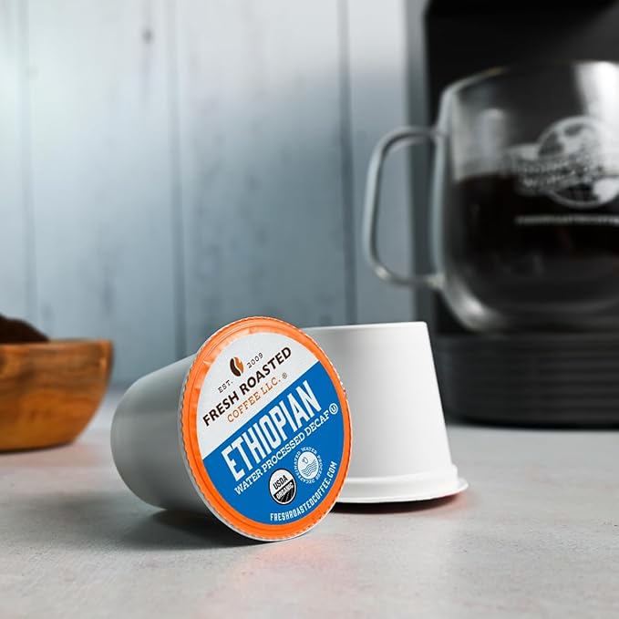 Fresh Roasted Coffee, Organic Ethiopian Sidamo Water-Processed Decaf | USDA Organic, 100% Single Origin, Kosher | Medium Roast 24 Pods for K Cup Brewers