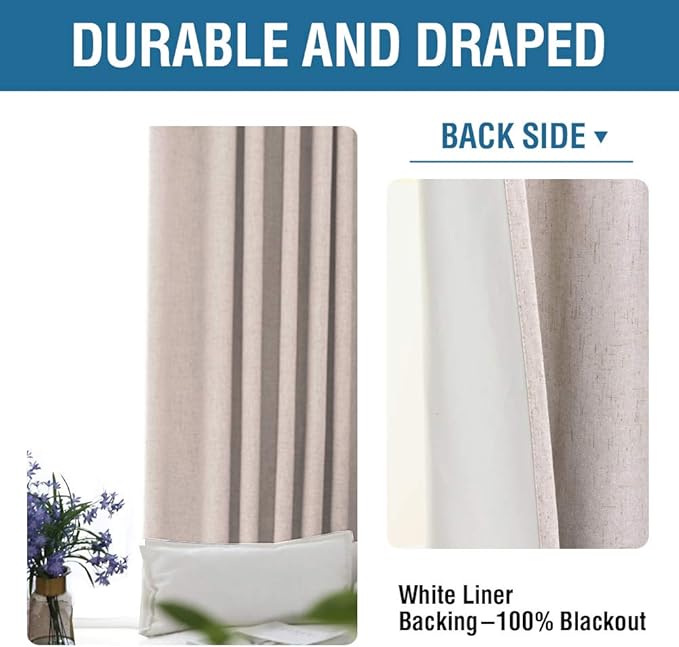 H.VERSAILTEX 100% Blackout Curtains for Bedroom 96 Inches Long Grommet Linen Face Full Light Blocking Curtain Drapes for Living Room Thermal Linen Look Curtains 2 Panels Set, 52" W x 96" L, Natural