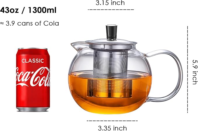 TMOST Glass Teapot with Removable Infuser, Stovetop Safe Tea Kettle blooming Loose Leaf Tea pot (43oz/1300ml)