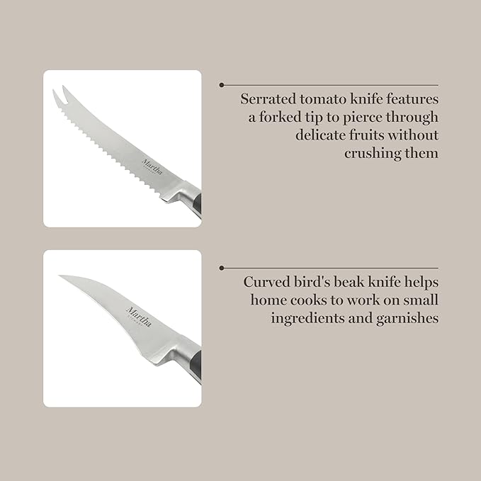Martha Stewart Carverton 2 Piece Set 5" Tomato Knife and 3" Bird's Beak Knife Set, High Carbon Stainless Steel Kitchen Knives w/Black Triple Riveted Handle