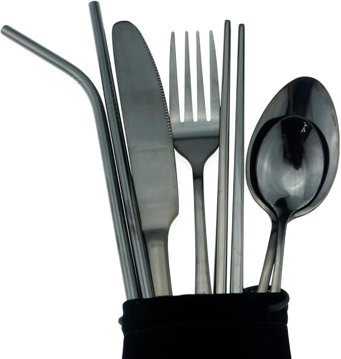 Gugrida Black Reusable Utensils with Case, Healthy & Eco-Friendly 8 Pieces Portable Stainless Steel Flatware Tableware Dinnerware Set, Portable Travel Camping Cutlery Knife Fork Spoon Straws Set