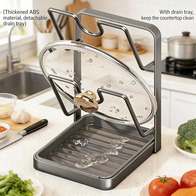 Kitchen Pot Lid Storage Rack, New Multifunctional Stainless Steel Pot and Pan Organizer with Removable Drip Tray, Lid Holder While Cooking, Lid And Spoon Rest (Begie Double)