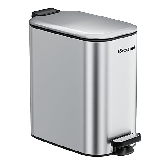 LOVEWIND Bathroom Trash Can with Lid, 1.6 Gallon/ 6 Liter Stainless Steel Garbage Can with Removable Inner Bucket, Step Pedal Wastebasket-Narrow Waste Bin for Bathroom, Toilet, Office, Bedroom, Silver