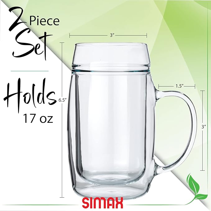 SIMAX Beer Mugs For Men, 17 Oz Double Walled Glass Beer Mug, Set of 2 Freezable Beer Glasses, Beer Mugs & Steins, Beer Mugs with Handles, Insulated Beer Glasses for Men, Frozen Beer Mugs for Freezer