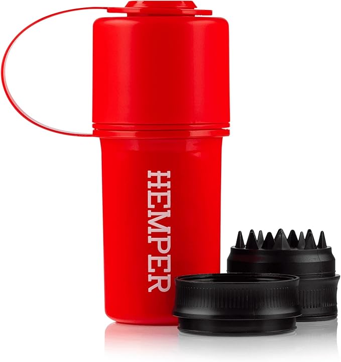 Hemper Keeper 3‑in‑1 Herb Grinder with Dual Storage Container - Smell‑Proof, Airtight & Water‑Resistant - Built‑In Removable Grinder, Dual Compartments for Flower & Ground - (Red)