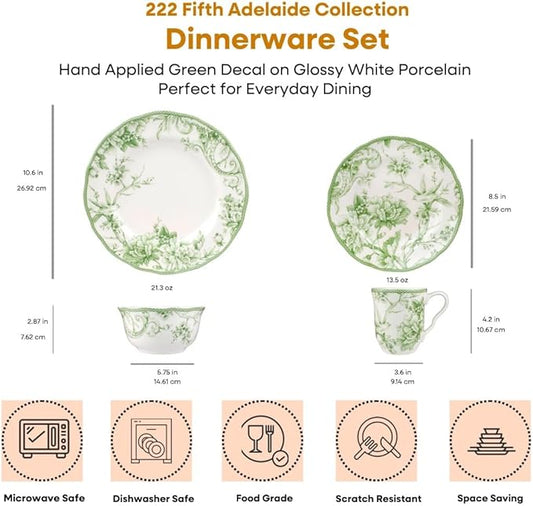 222 Fifth Adelaide Moss 16-Piece Porcelain Dinnerware Set – Service for 4, Plates, Bowls & Mugs, Hand-Applied Decal, Microwave & Dishwasher Safe, for Everyday Dining & Entertainment