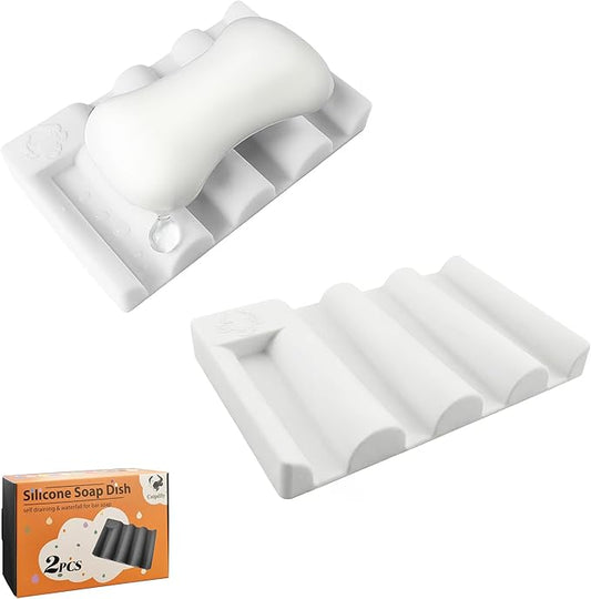 Silicone Soap Dish, Self Draining Soap Holder Perfect for Shower, Bathroom Sink, Kitchen Sink & Travel, Non-Slip Bar Soap Holder Extend Soap Life, Keep Soap Bars Dry Clean & Easy Cleaning (White-2PCS)