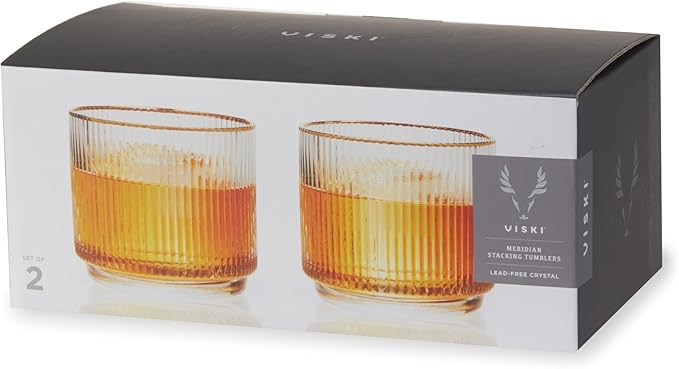 Viski Meridian Crystal Lowball Tumblers, Art Deco Whiskey Glasses, Crystal Scotch Glasses, Old Fashioned Glasses, Ribbed Glassware 12oz Set of 2