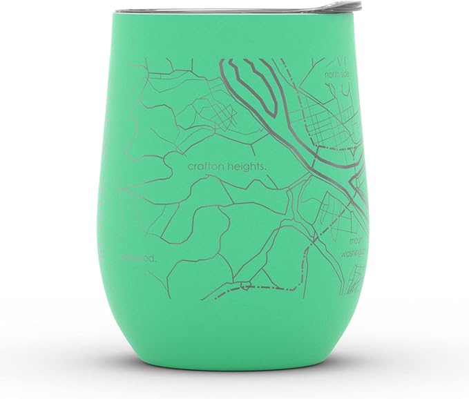 Well Told Engraved Pittsburgh Pennsylvania Map Insulated Wine Tumbler, Etched Stainless Steel Cup (12 oz, Sunday Green) City Map Insulated Tumbler, Custom Insulated Tumbler, Outdoor Drinkware
