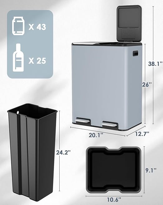 Arlopu 16Gal Dual Trash Can w/2 Built-in Box for Odor Control, Hands-Free Kitchen Garbage Bin, Recycle Waste Dustbin, Soft-Close Lid, 2 Buckets,Foot Pedal, Side Handle, Airtight,for Home (Haze Blue)